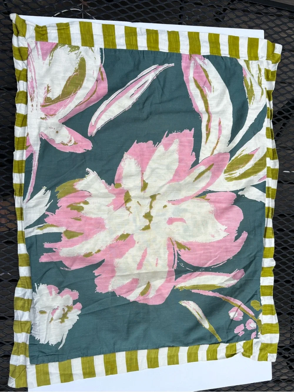 Anthropologie Teal Floral Duvet Cover with Pink Blooms and Olive Stripe Trim